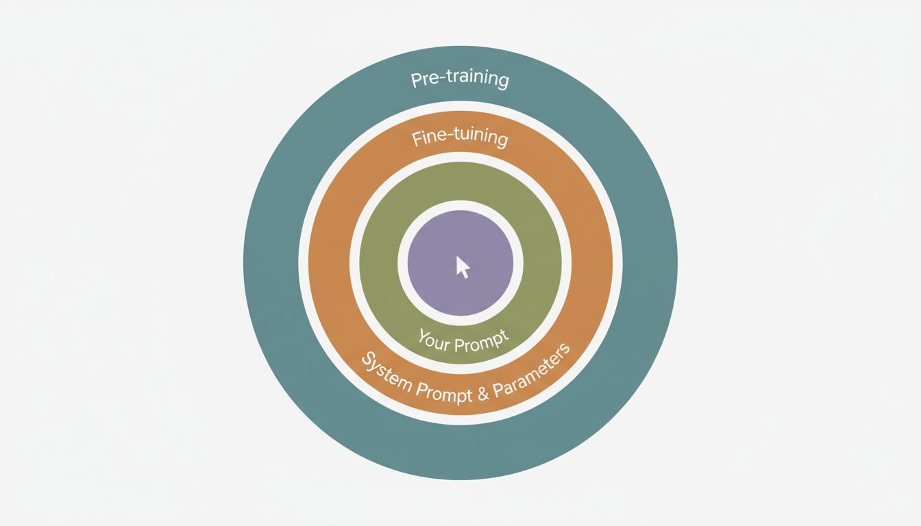 Concentric circles showing four layers of LLM control from outermost pre-training to innermost user prompting