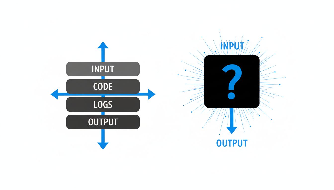 Diagram comparing traditional debuggable systems to opaque black-box language model systems