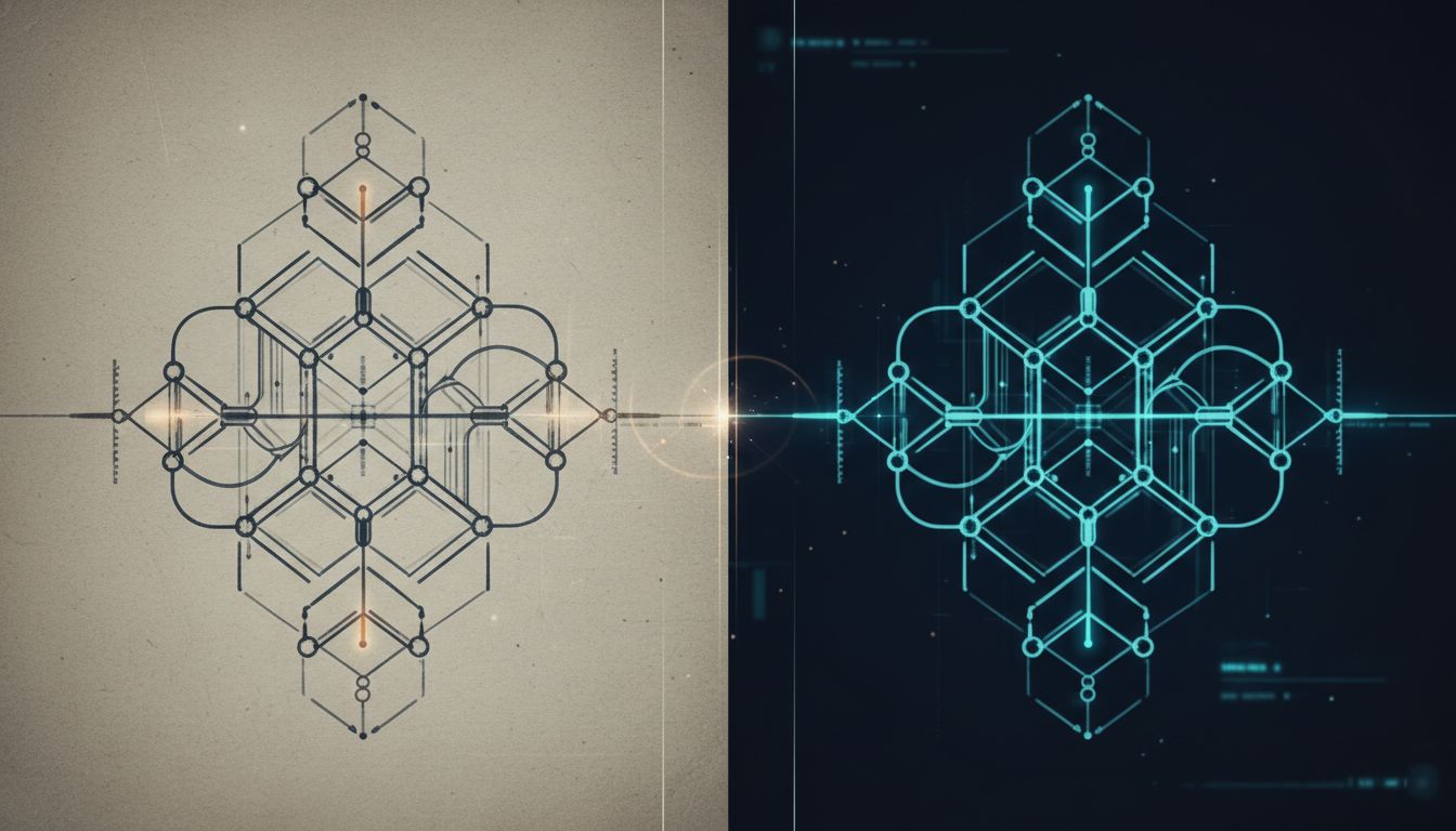 Abstract illustration showing identical structure underlying handwritten notes and a digital prompt interface