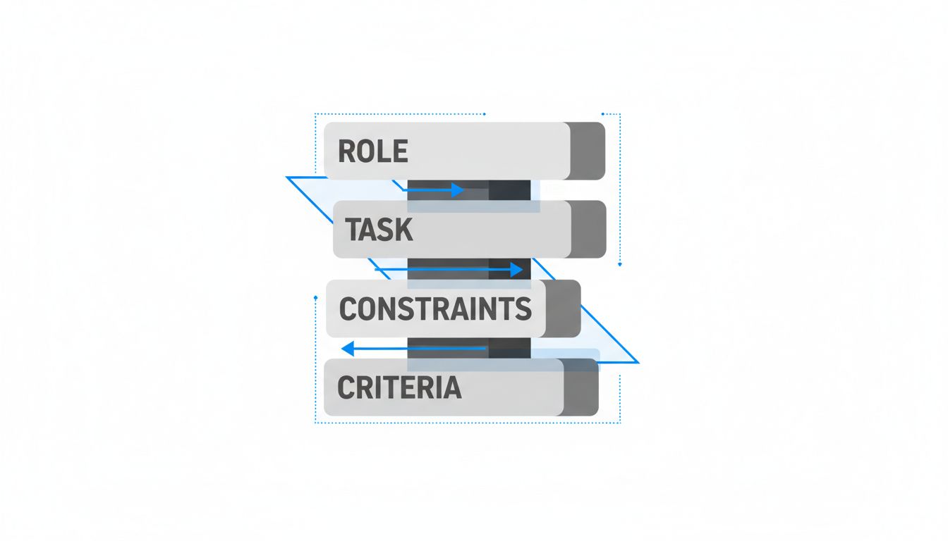 Diagram showing four components of a well-structured prompt: role, task, constraints, and evaluation criteria