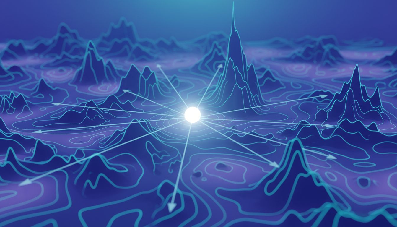Abstract topographic probability landscape illustrating how prompt changes shift output distributions