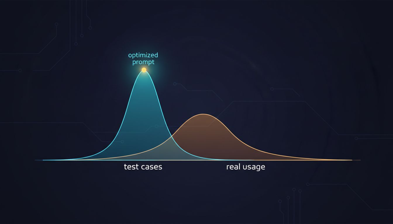 Two probability distribution curves showing how optimizing for a narrow test set misses the broader distribution of real-world inputs