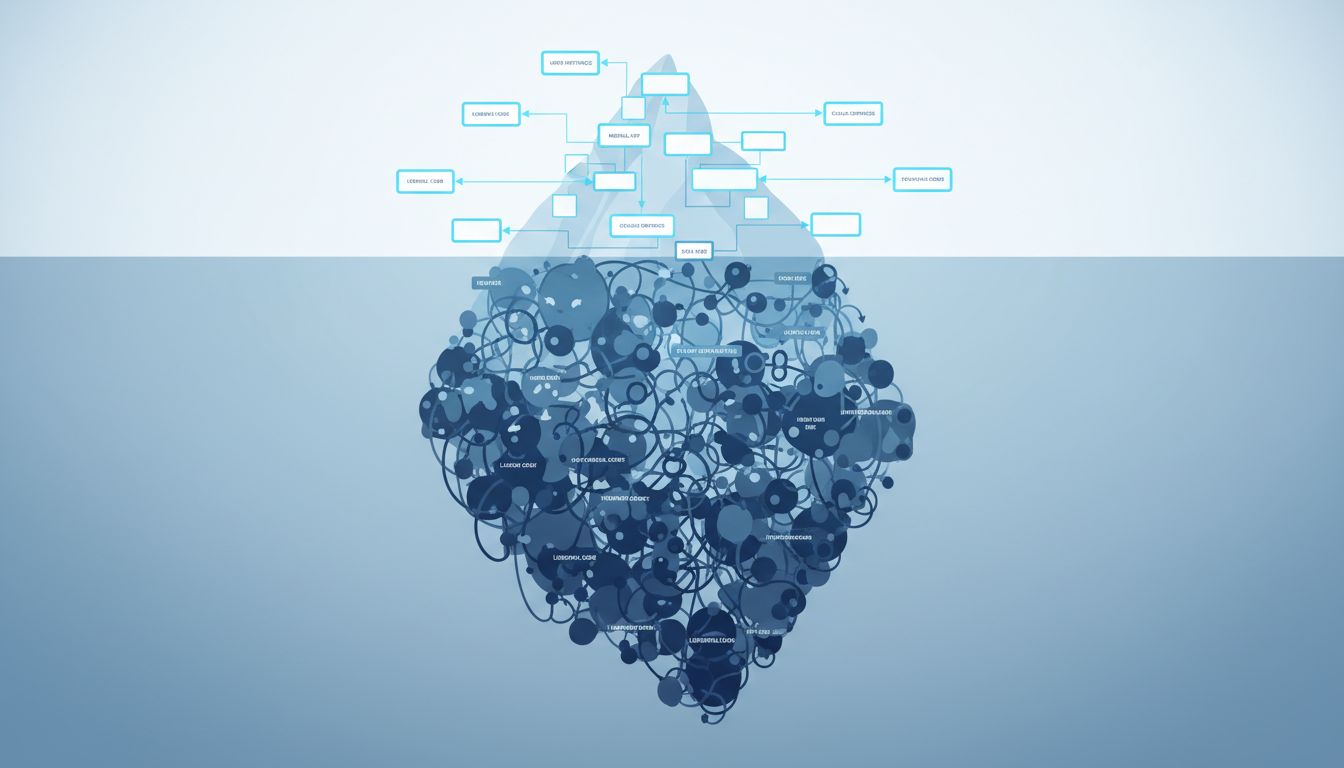 Iceberg diagram showing readable surface code hiding tangled complexity beneath