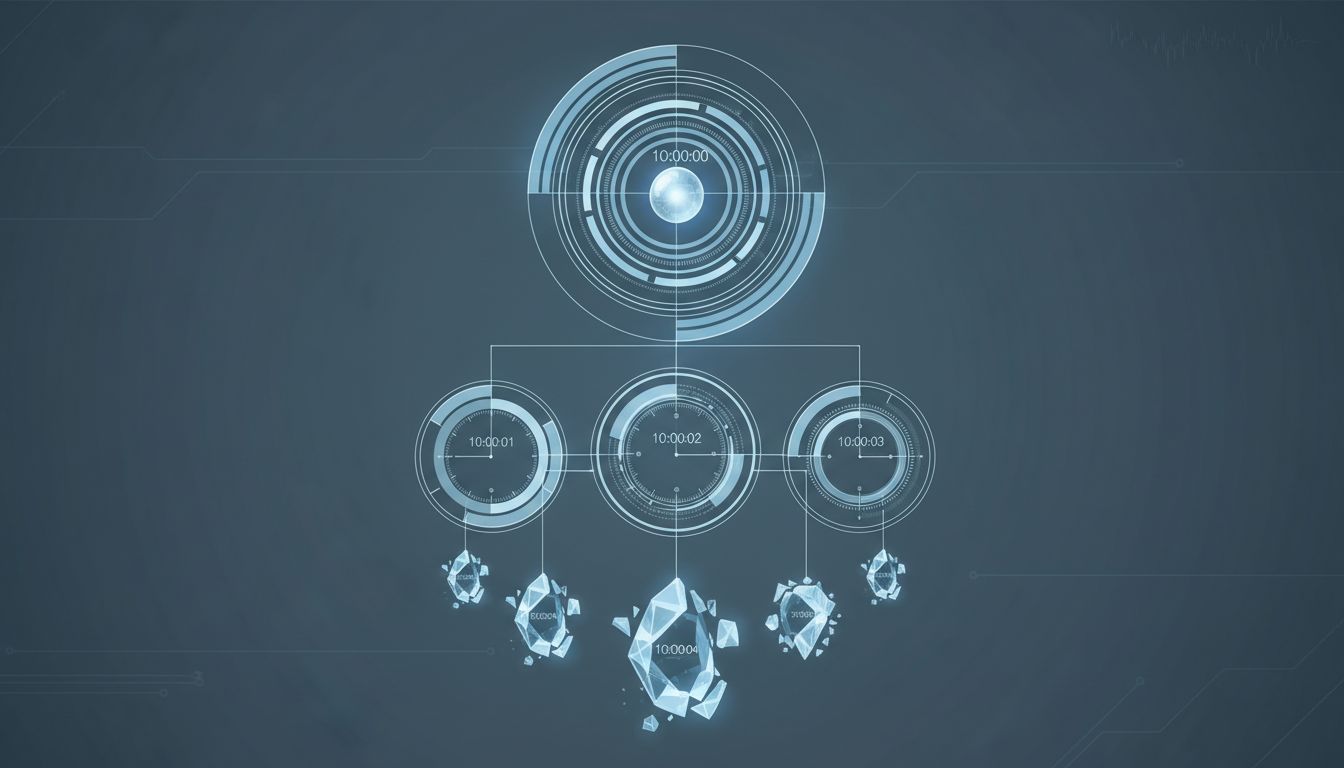 Illustration showing a hierarchy of clocks all showing slightly different times, connected by signal lines
