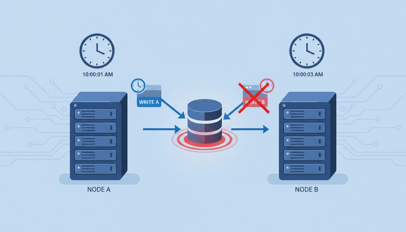 Diagram showing two servers with mismatched clocks causing a database write conflict
