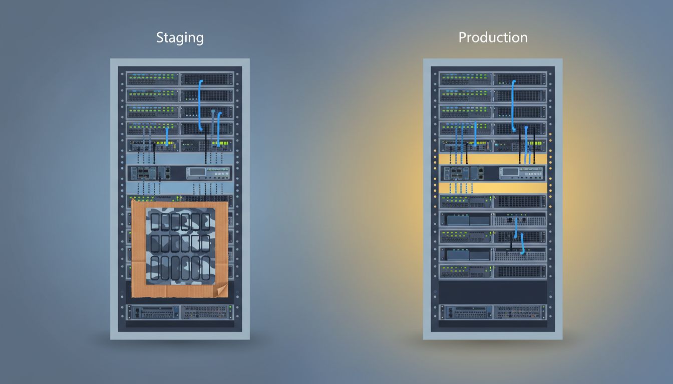 Two server architecture diagrams that look identical at a distance but reveal staging's components are hollow or simulated on closer inspection