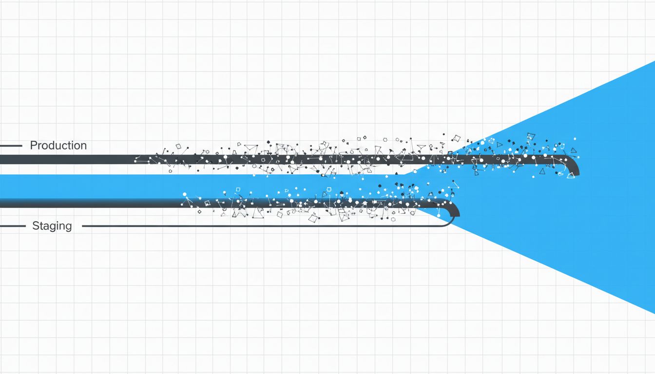 Abstract diagram showing staging and production environments beginning identical then diverging over time as production accumulates real-world state