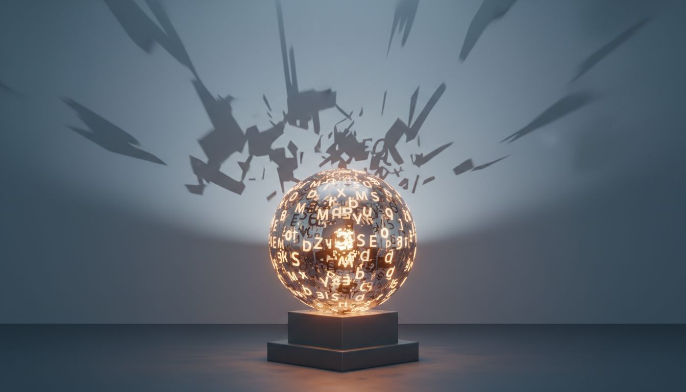 A polished glowing sphere casting a broken, distorted shadow, representing the contrast between AI fluency and hidden inaccuracy