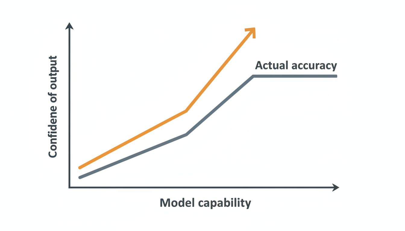 Chart showing model confidence rising faster than actual accuracy as AI capability increases