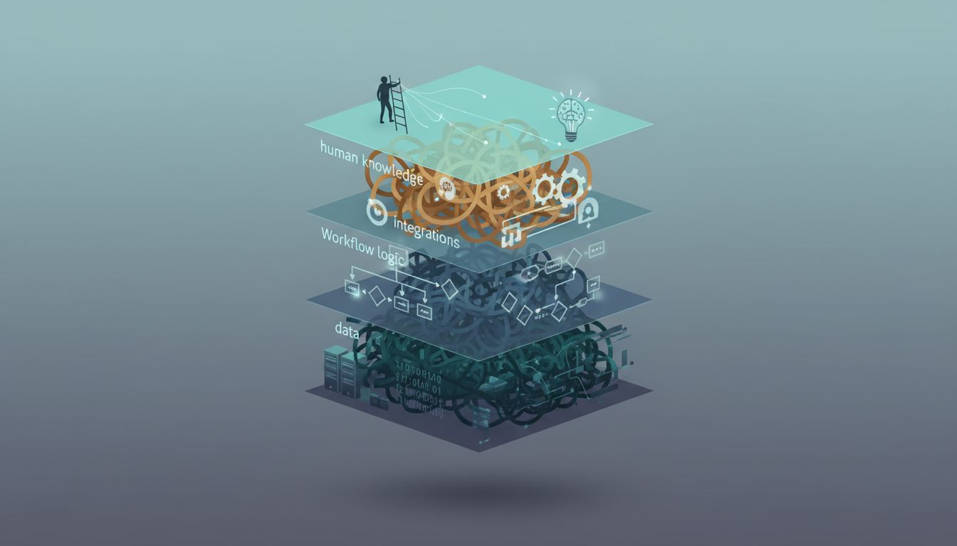 Illustration of layered software lock-in costs, each layer growing more complex and harder to escape