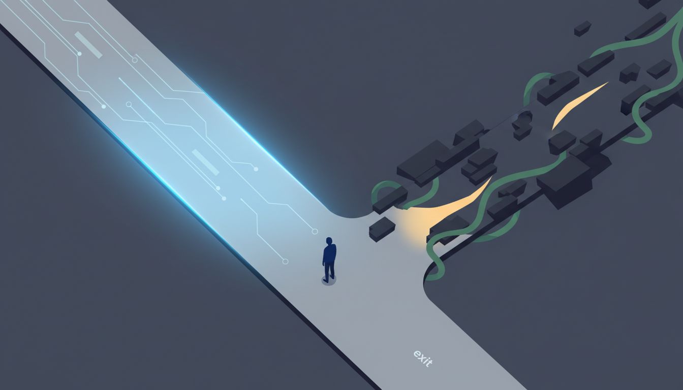 Illustration showing a procurement decision moment where the easy adoption path is chosen over the overlooked exit path