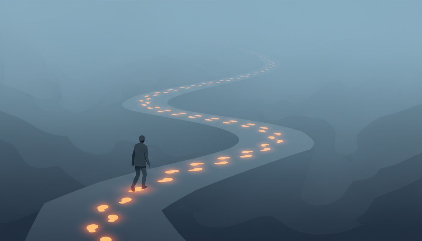 A figure following a trail that only becomes visible in retrospect, symbolizing how product-market fit is recognized after the fact