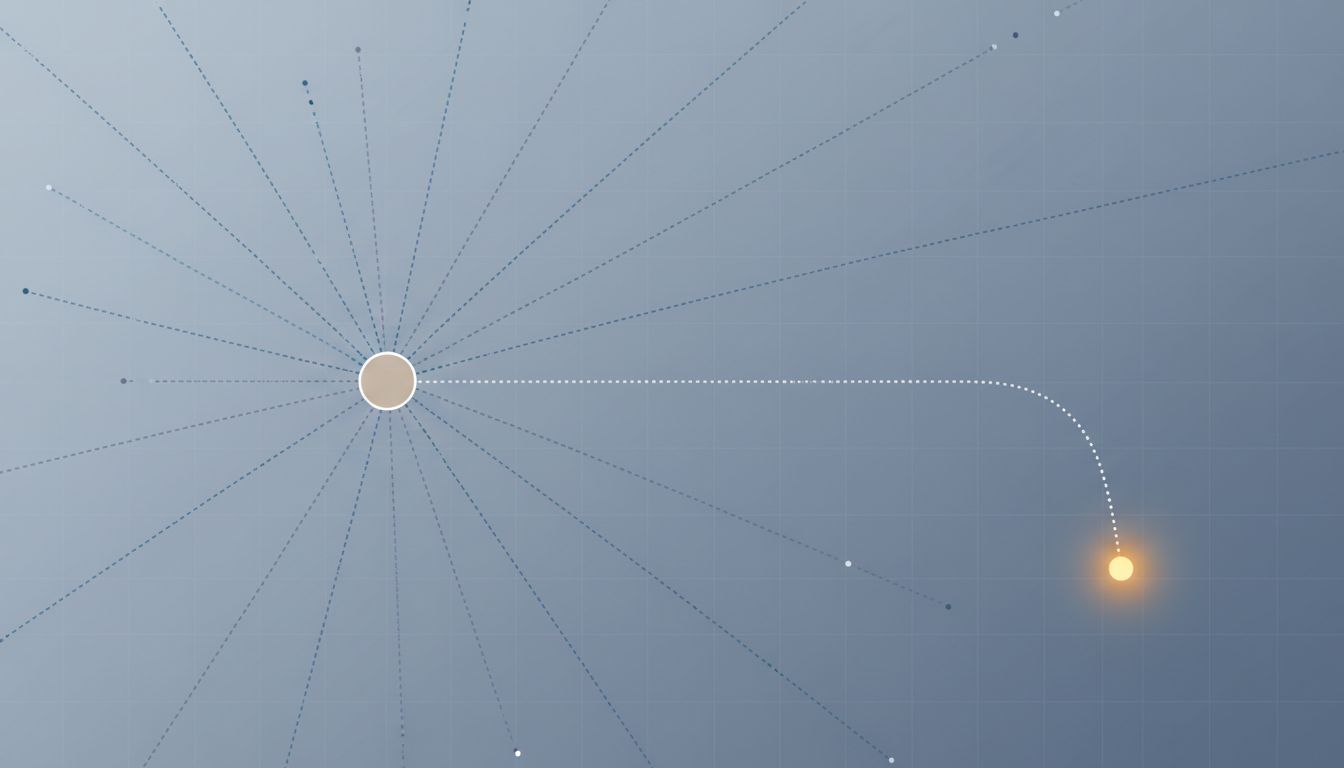 Diagram showing multiple paths from a starting point, with most ending abruptly and one reaching a destination