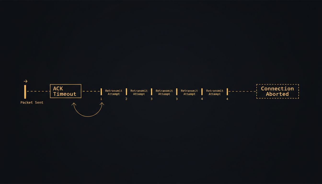 Timeline diagram of TCP retransmission attempts with exponential backoff intervals