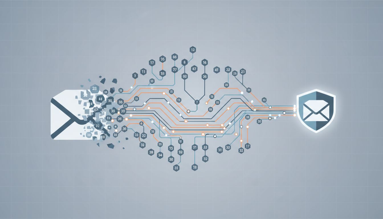 Illustration of data being split into packets and routed along different network paths before reassembling at the destination