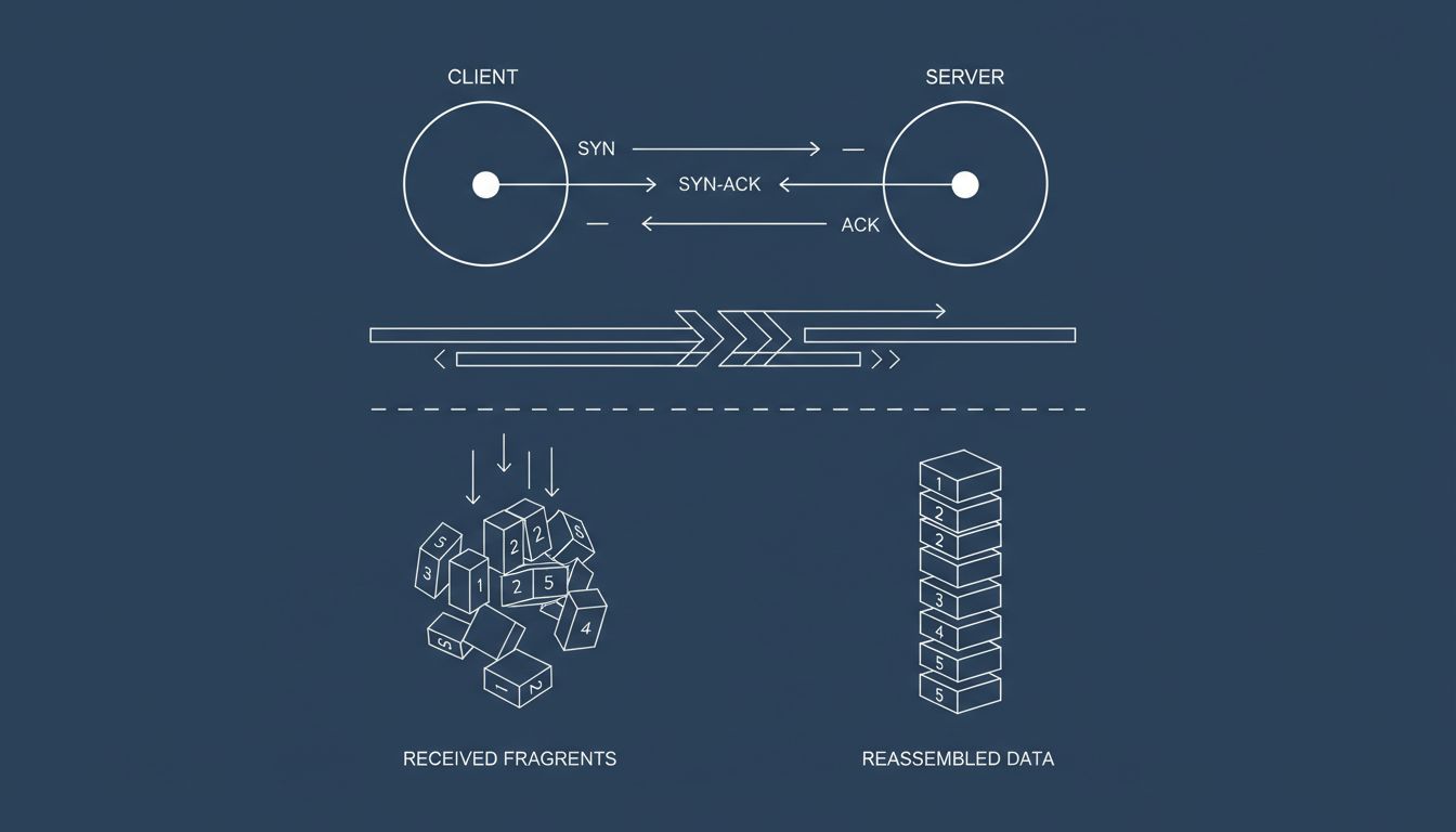 Diagram of TCP handshake and out-of-order packet reassembly