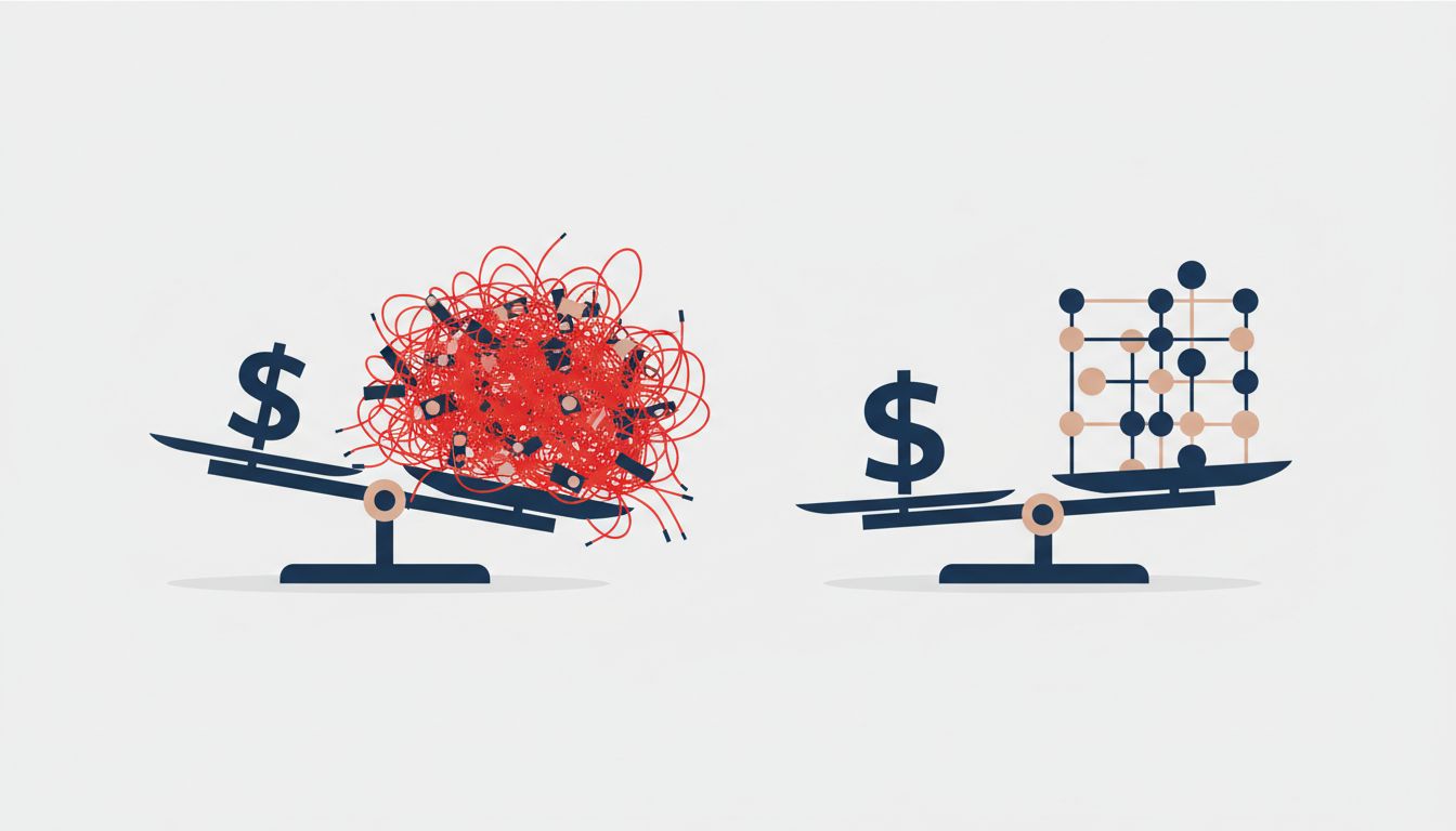 Two balance scales comparing short-term cost against long-term outcome in engineering hiring