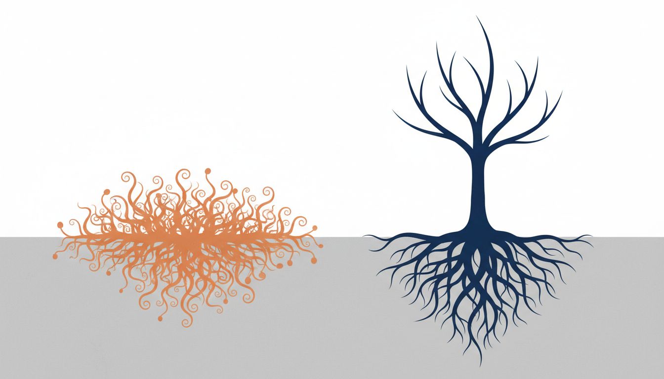 Two tree diagrams contrasting shallow and deep root systems, representing surface output versus underlying engineering depth