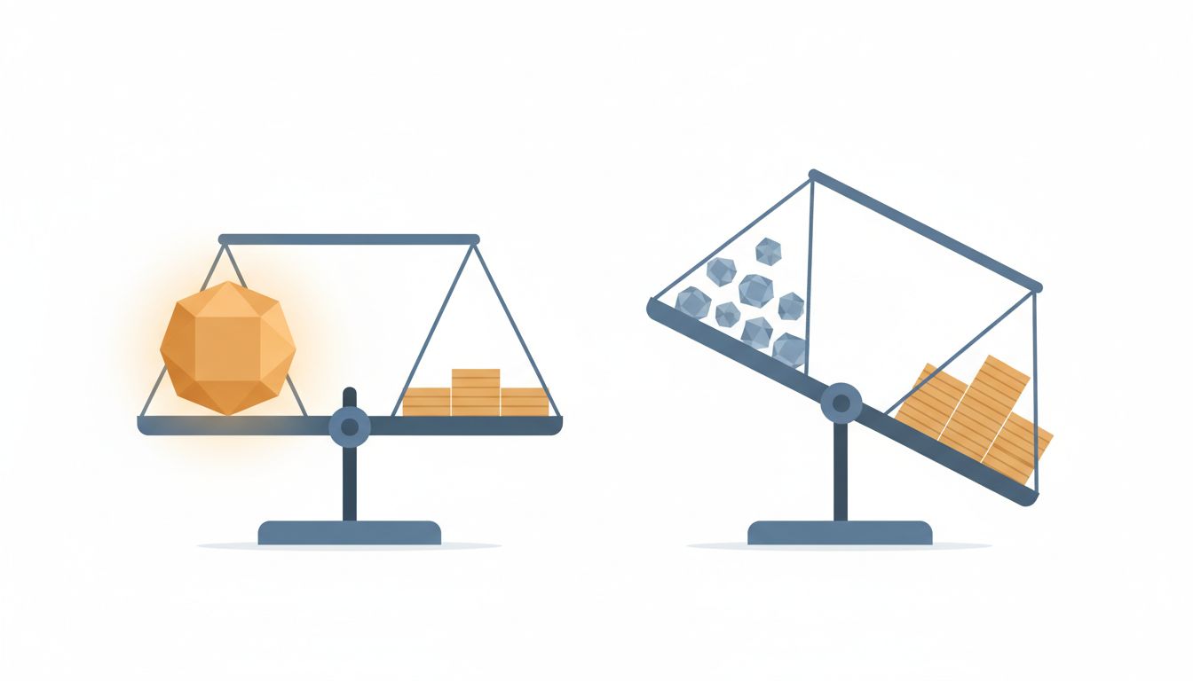 Balance scales comparing cost-per-output of one elite hire versus multiple cheaper hires