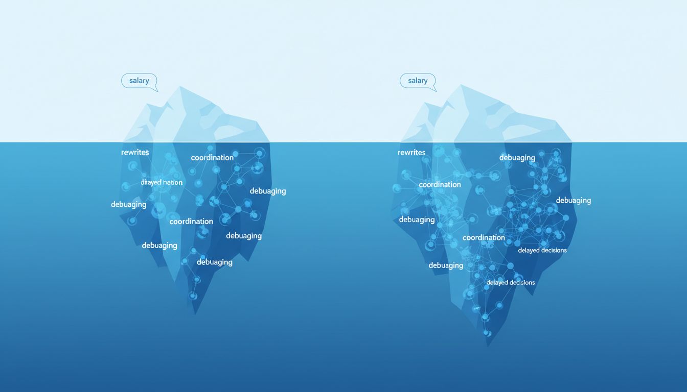 Iceberg diagram showing visible salary costs versus hidden costs of team size and technical debt