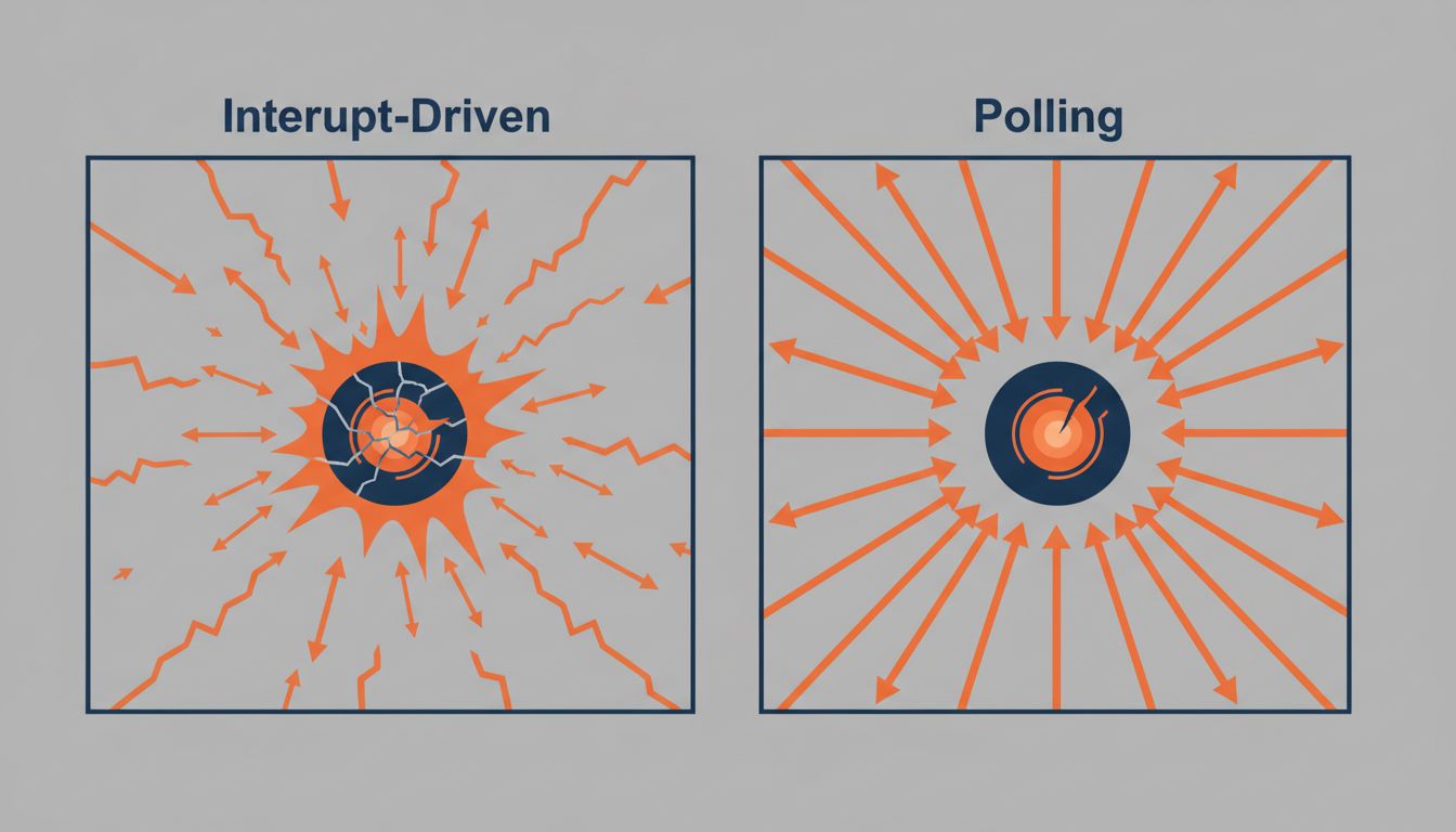 Diagram comparing interrupt-driven versus polling notification architectures