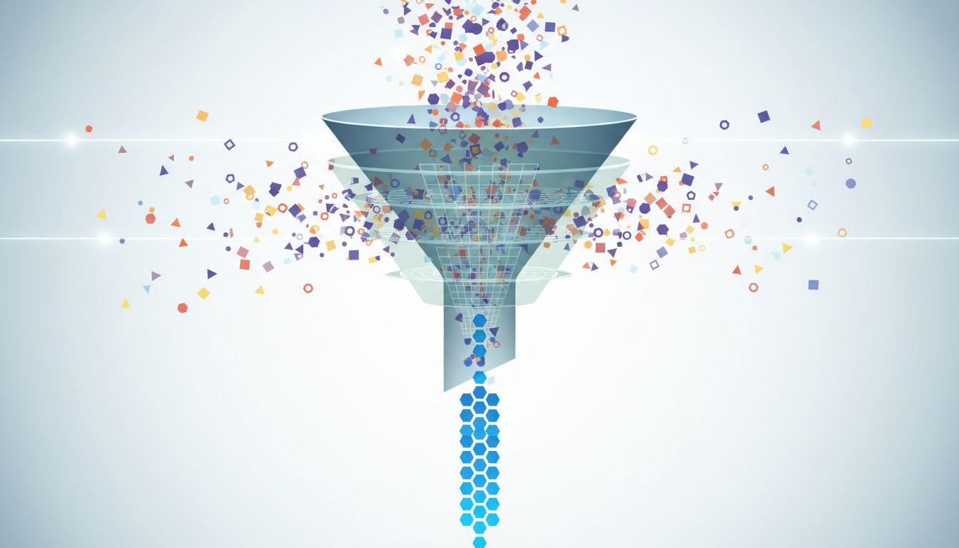 Abstract illustration of a pricing filter sorting customers, with most shapes deflected and only a few passing through cleanly