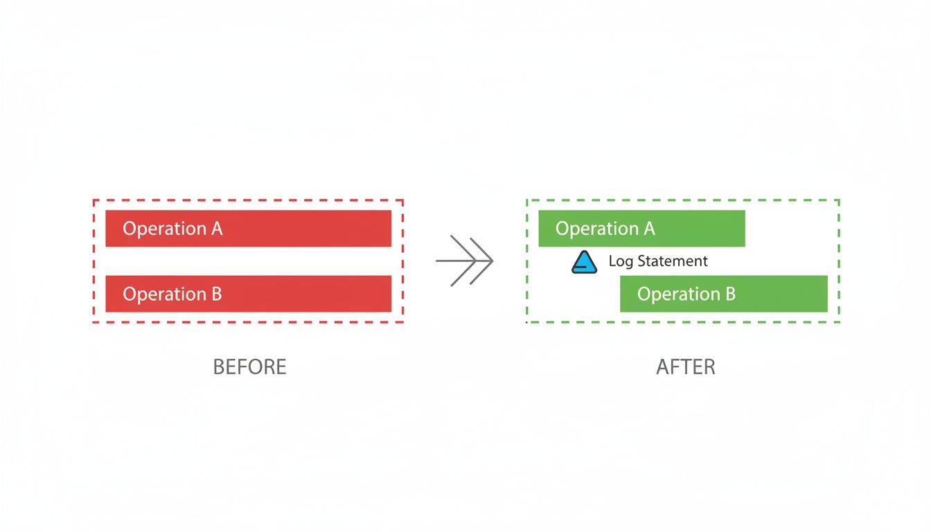 Before and after diagram showing how a log statement widens the timing gap between two concurrent operations, eliminating their dangerous overlap