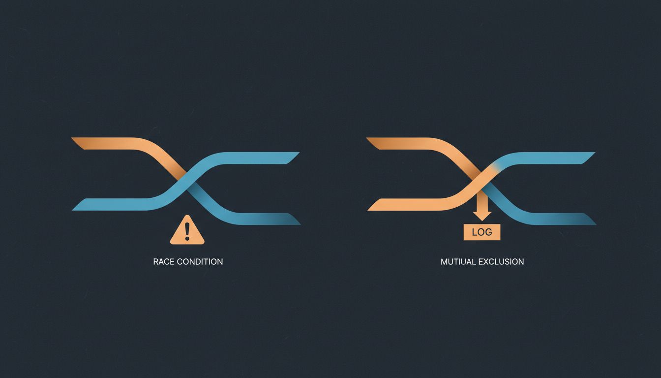 Diagram showing how adding a logging step shifts thread timing enough to hide a race condition