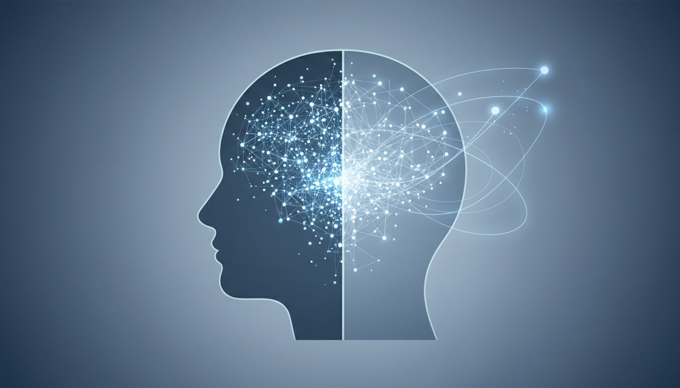 Illustration contrasting focused versus diffuse cognitive processing modes inside a stylized human mind