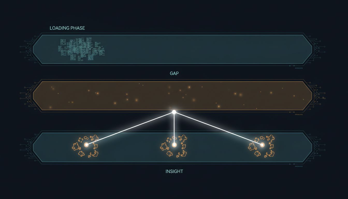 Abstract diagram showing the three-phase process of problem loading, incubation gap, and insight emergence