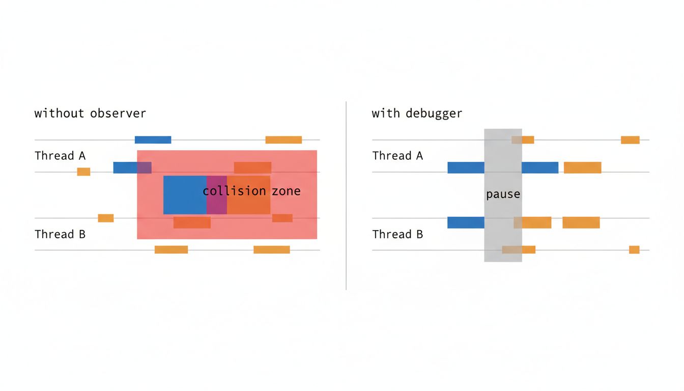 Diagram showing how a debugger's pause prevents thread collision that causes a race condition bug