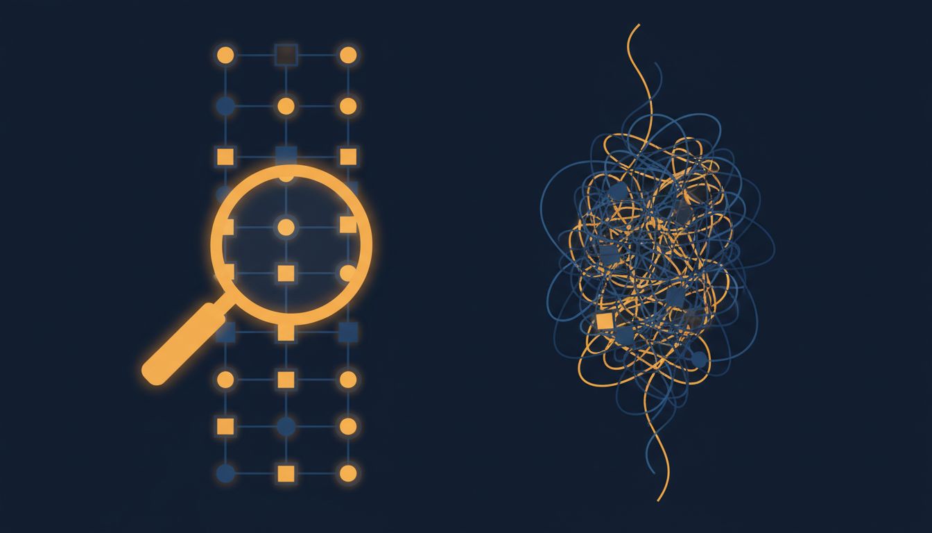 Two code execution paths, one observed and orderly, one unobserved and chaotic