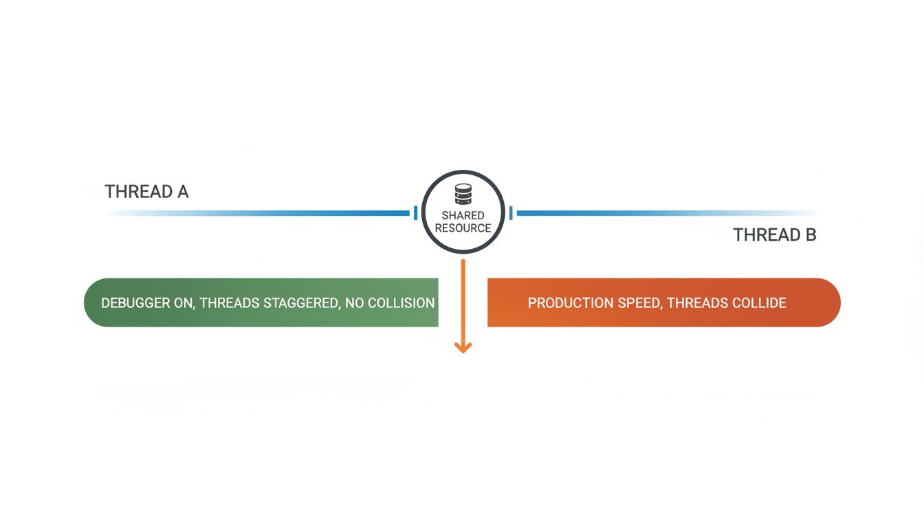 Diagram showing two threads racing to access a shared resource, with different outcomes at debug speed versus production speed