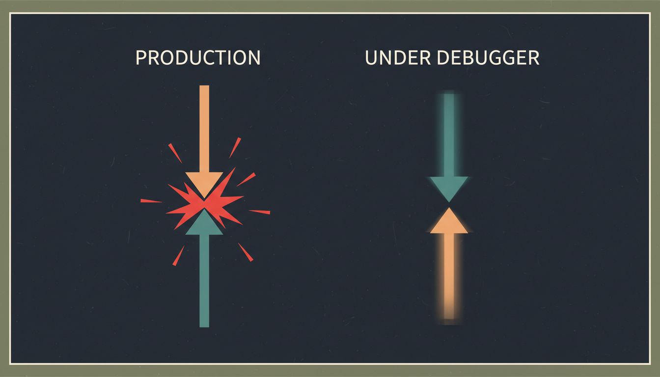 Diagram showing a thread race condition resolving cleanly under a debugger but producing an error in production