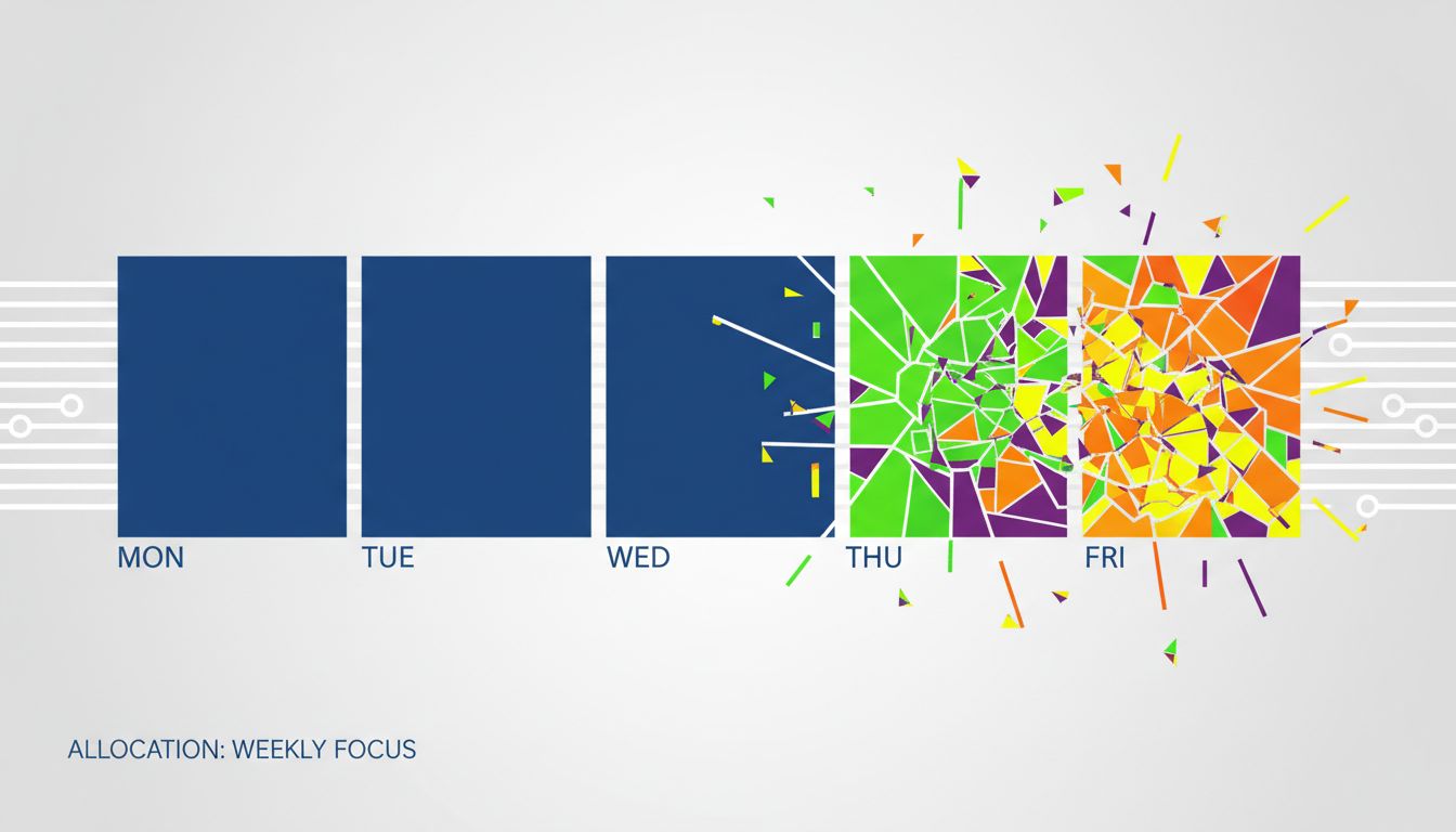 Abstract visualization of a calendar week where meeting-heavy days appear as fragmented interrupted blocks compared to solid focus blocks