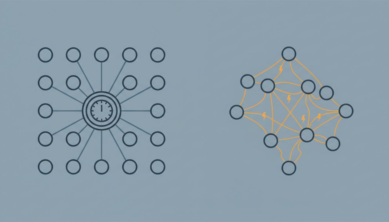 Diagram contrasting centralized polling communication versus direct event-driven communication between nodes