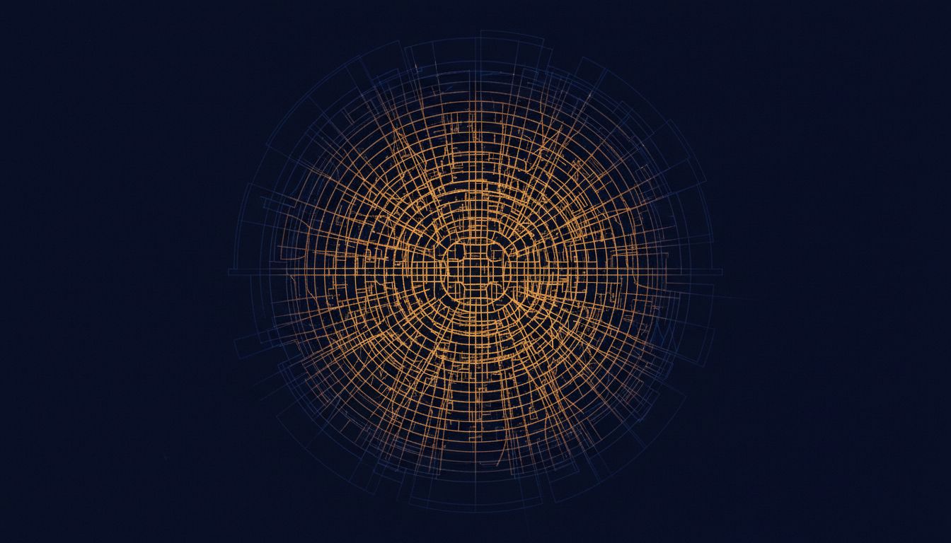 Aerial view of a dense city grid lit from within, fading to darkness at the edges