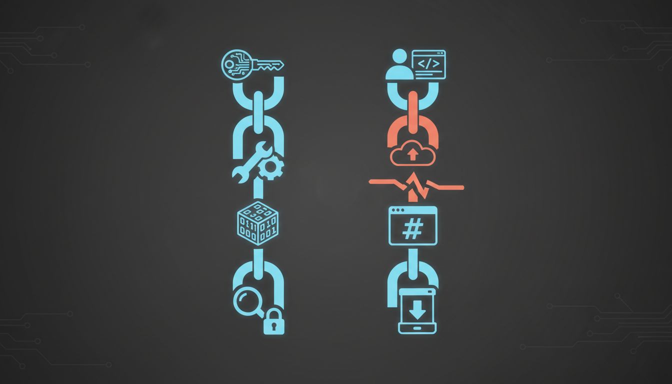 Two trust chains compared: code signing versus checksum verification, with the checksum chain showing a compromised middle link