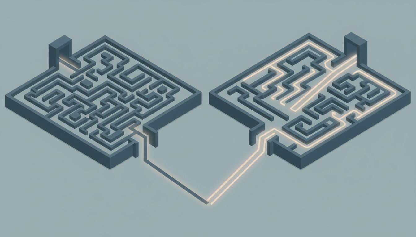 Two paths through a maze, one convoluted and one direct, both reaching the same destination
