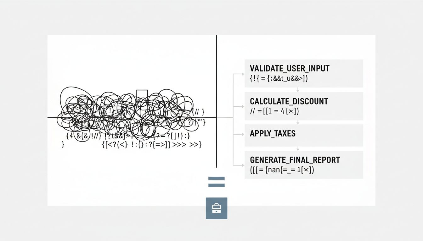 Side-by-side comparison of dense clever code versus readable code producing the same output