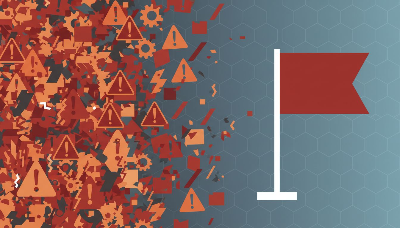 Abstract illustration of warning signals resolving from noise into a single clear flag