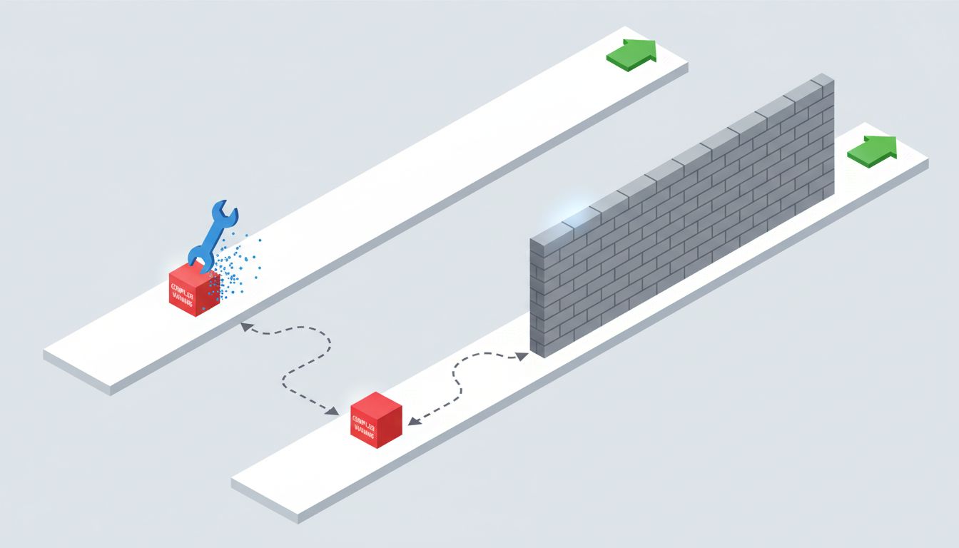 Diagram showing two code paths, one where an early warning is resolved and one where it is bypassed leading to a larger later failure