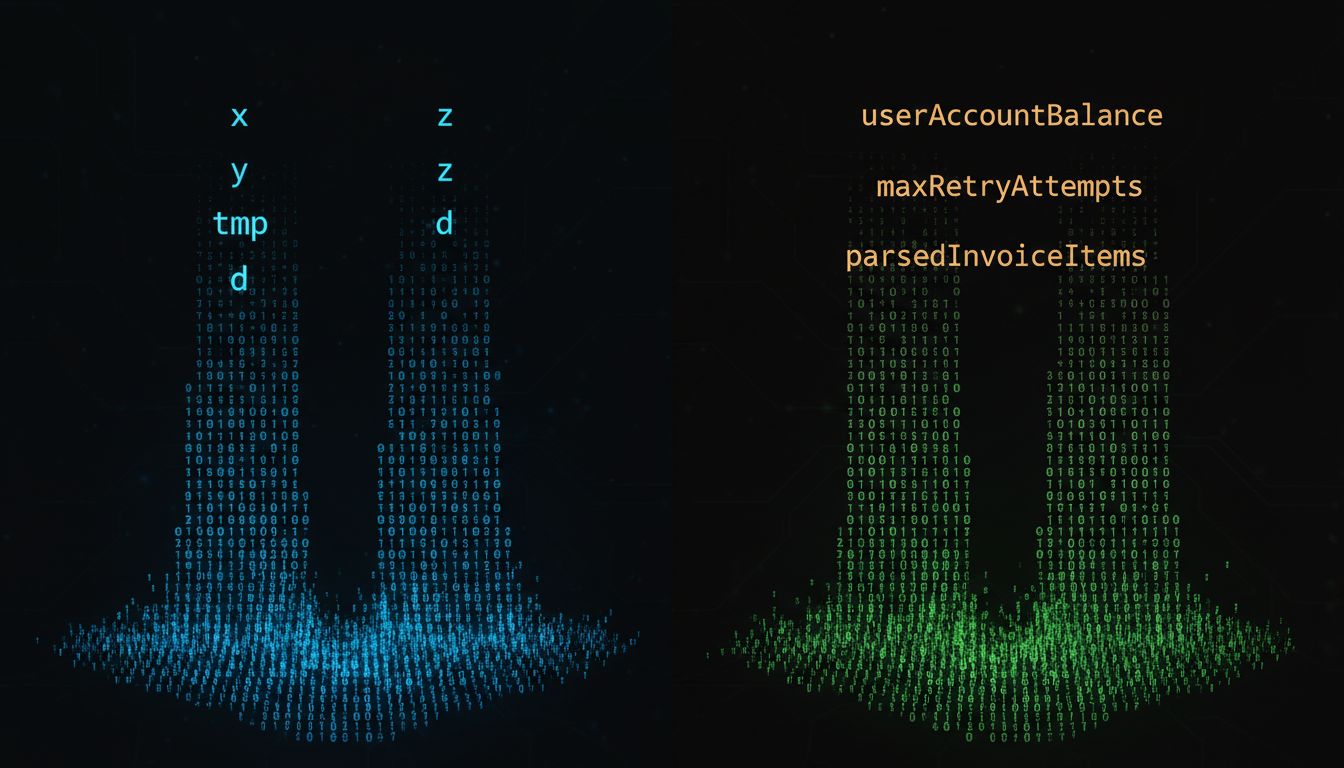 Two columns of variable names, one cryptic and one descriptive, both dissolving into identical binary at the bottom