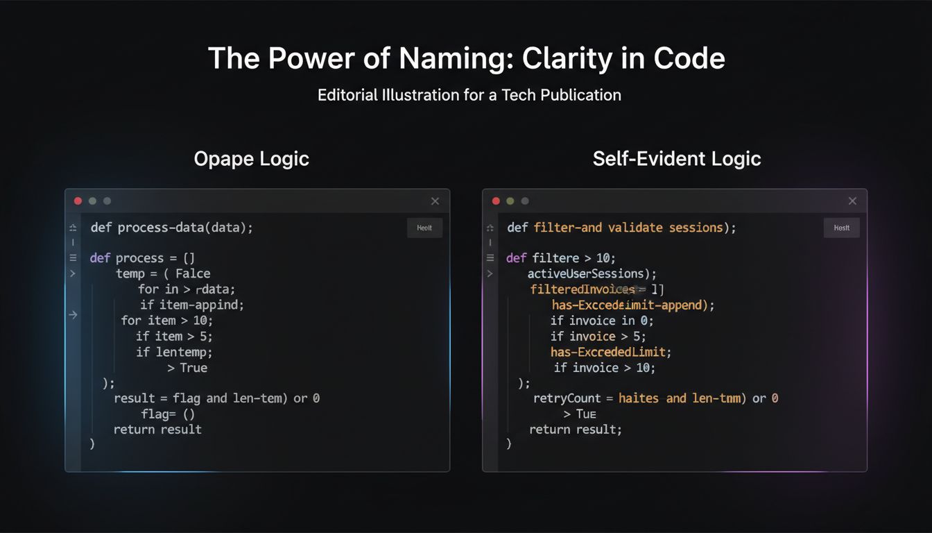 Two versions of the same function: one with vague variable names, one with precise names that make the logic self-evident