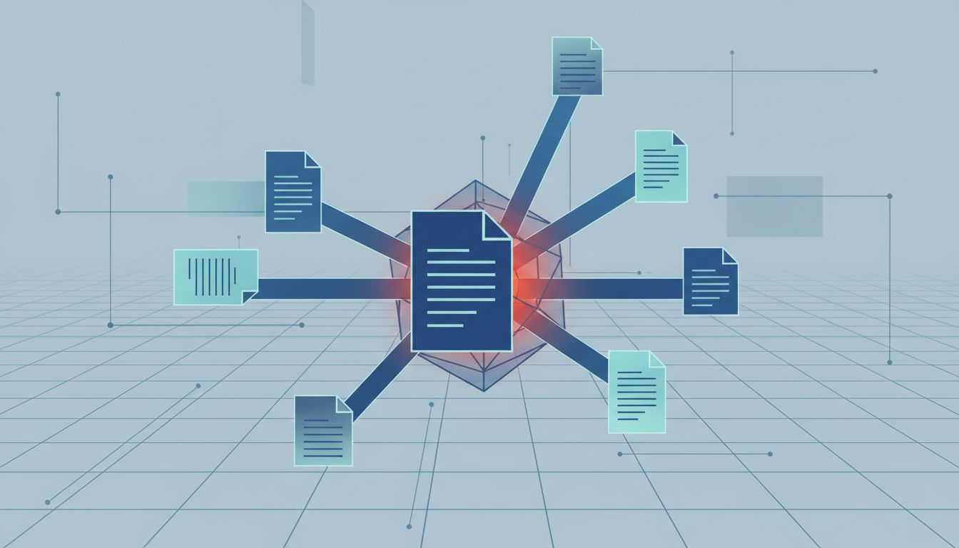 Abstract illustration of a document splitting into multiple different versions as it is shared