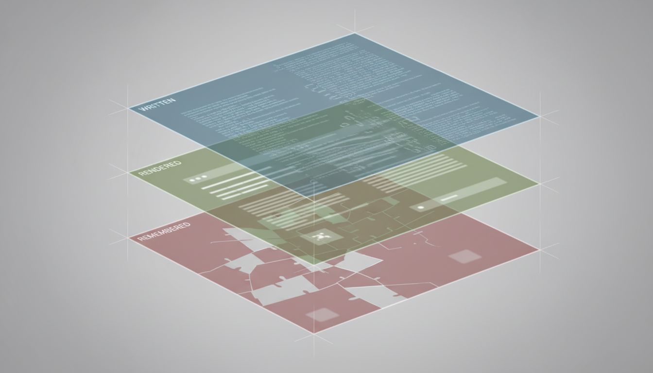 Diagram showing three layers of document interpretation: written, rendered, and remembered, each progressively distorted