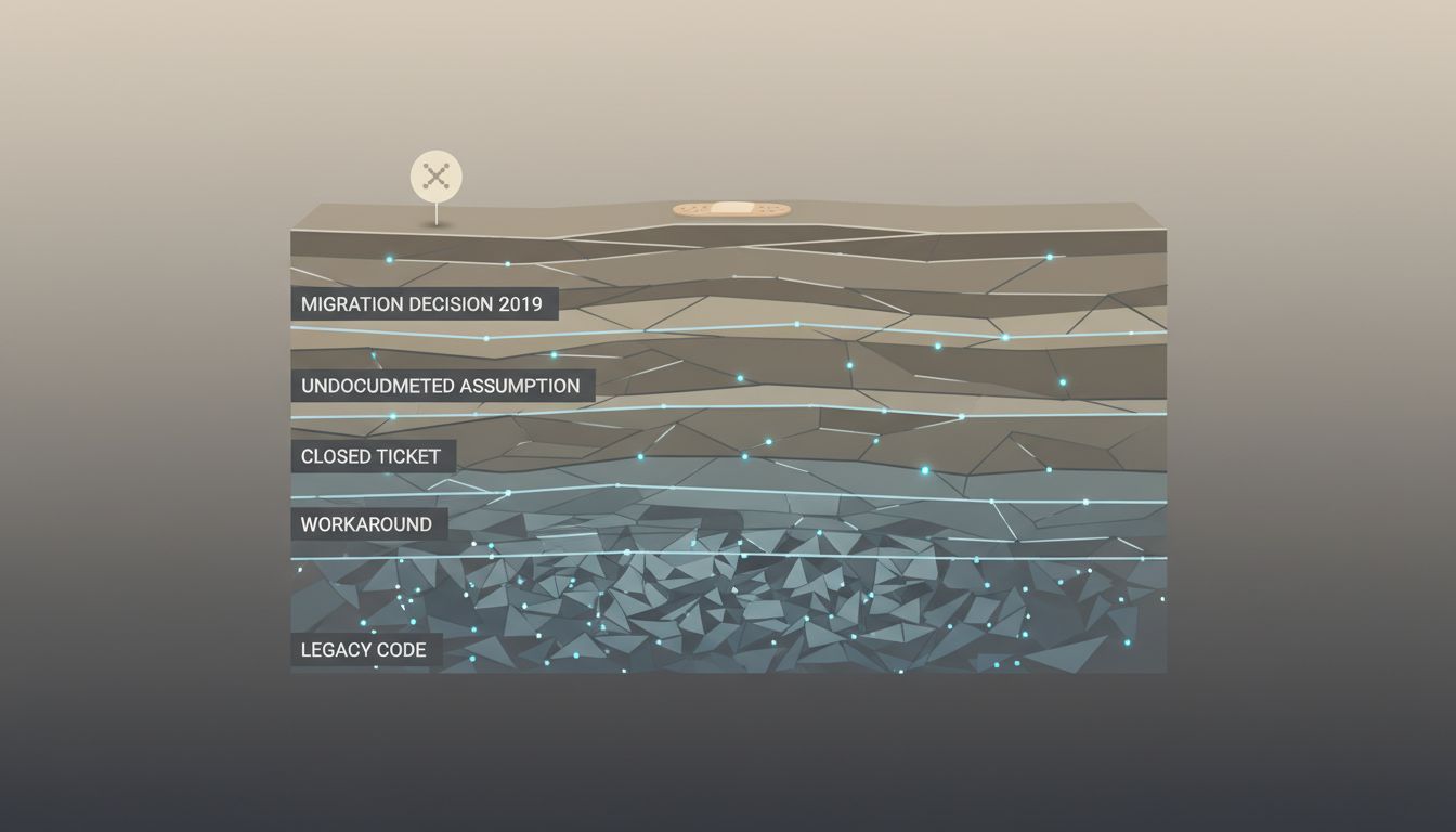 Cross-section diagram showing deep layers of accumulated decisions beneath a small surface-level fix