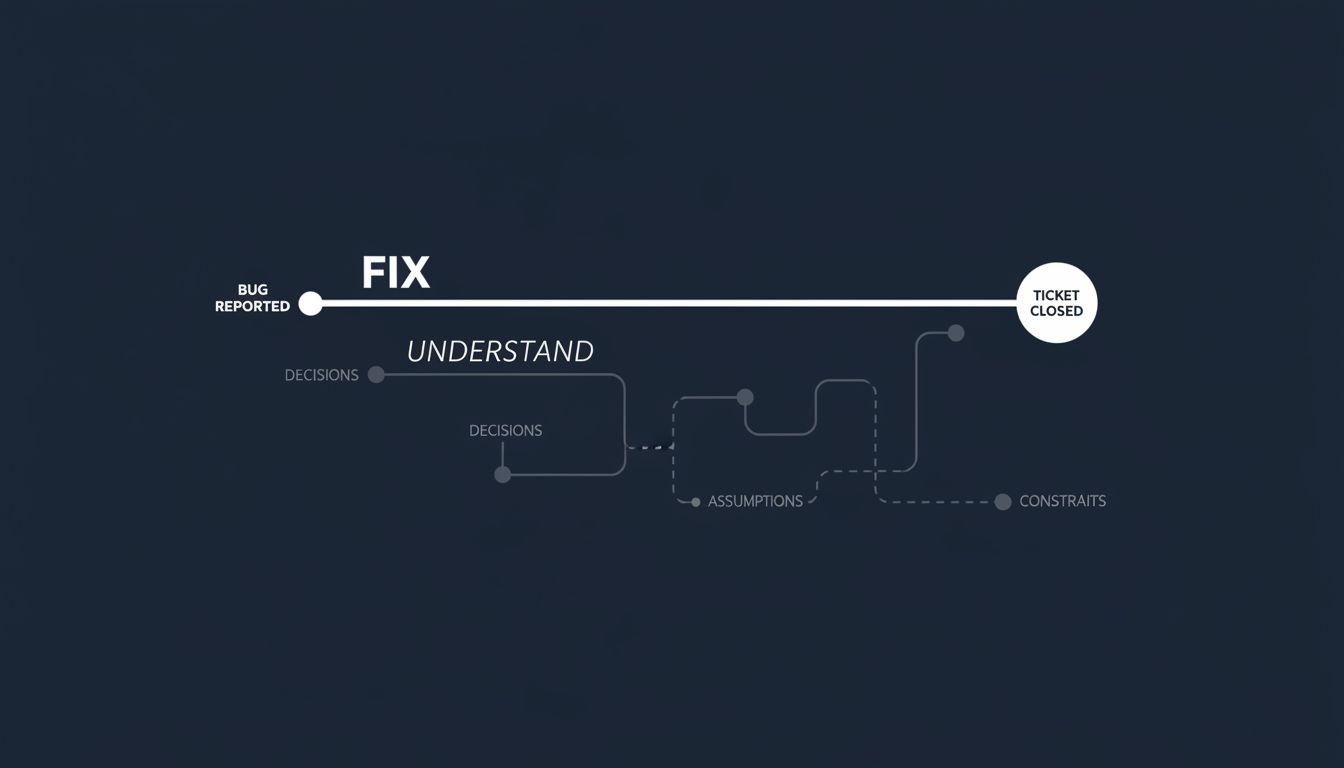 Diagram illustrating the short path of fixing versus the longer path of understanding a bug's origin