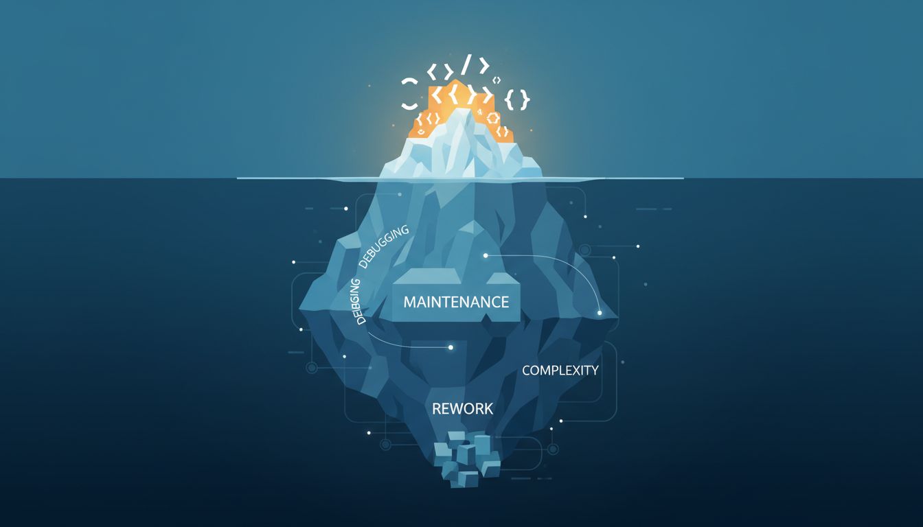 Iceberg diagram showing visible code output above waterline and hidden costs of maintenance and complexity below