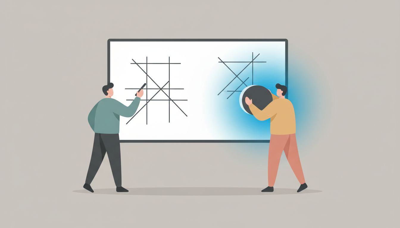 Two engineers at a whiteboard, one adding content and one erasing it, with the erasing figure subtly highlighted